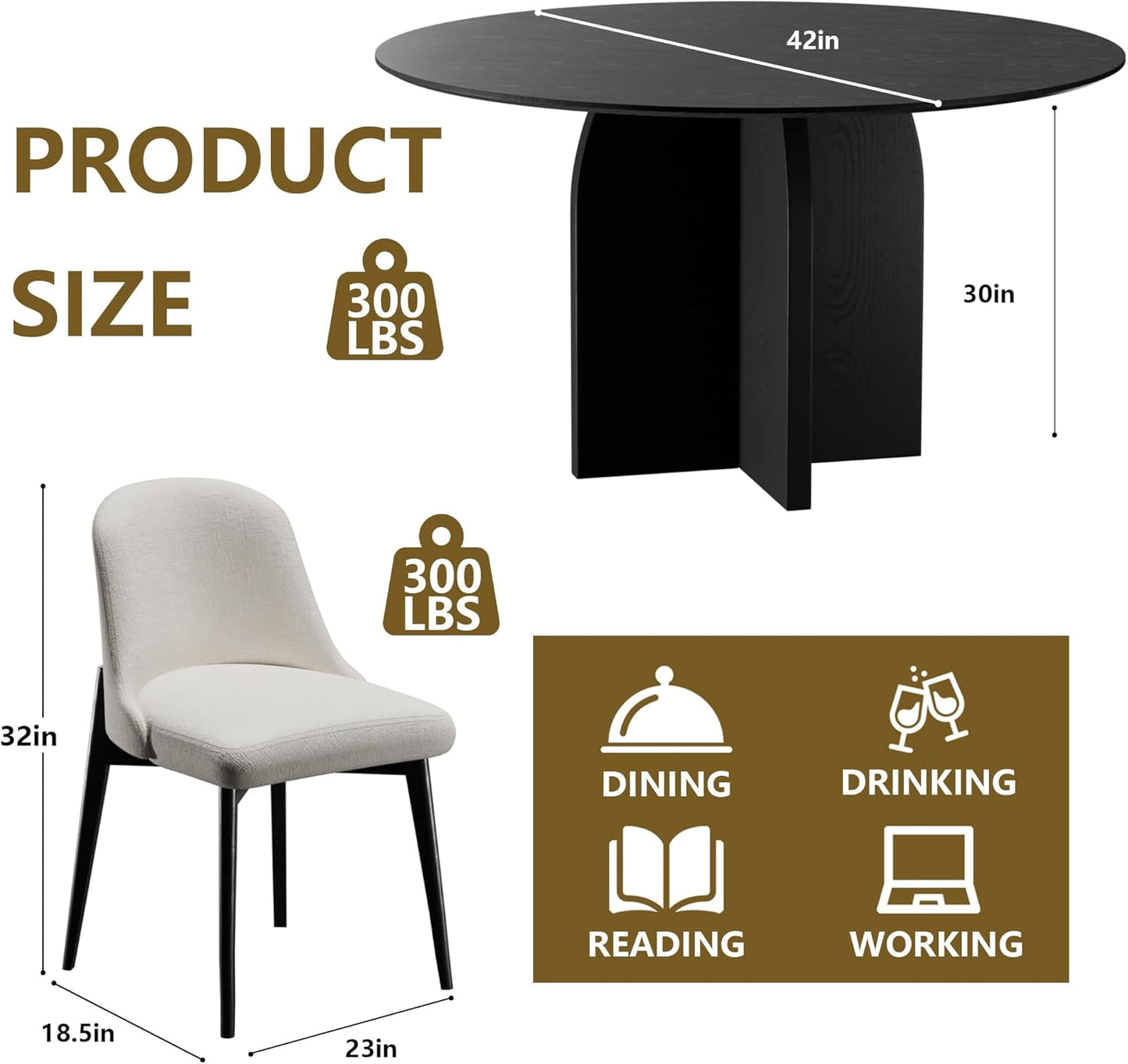 Casaphoria Kitchen Table Set with 2 Chairs, 42" Round Dining Kitchen Table & Chairs Set for 2-4, Wood Modern Dining Table for Living Room, Easy Assembly, Black