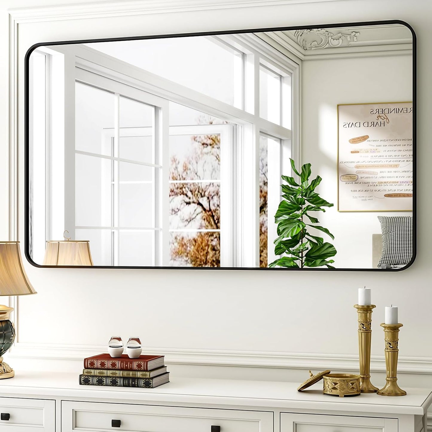 30 x 48 Inch Bathroom Mirror, Rounded Rectangular Vanity Mirror for Wall, Modern Mirror for Room Decor, Black Framed Wall-Mounted Mirrors for Home Decor, Hangs Horizontally or Vertically