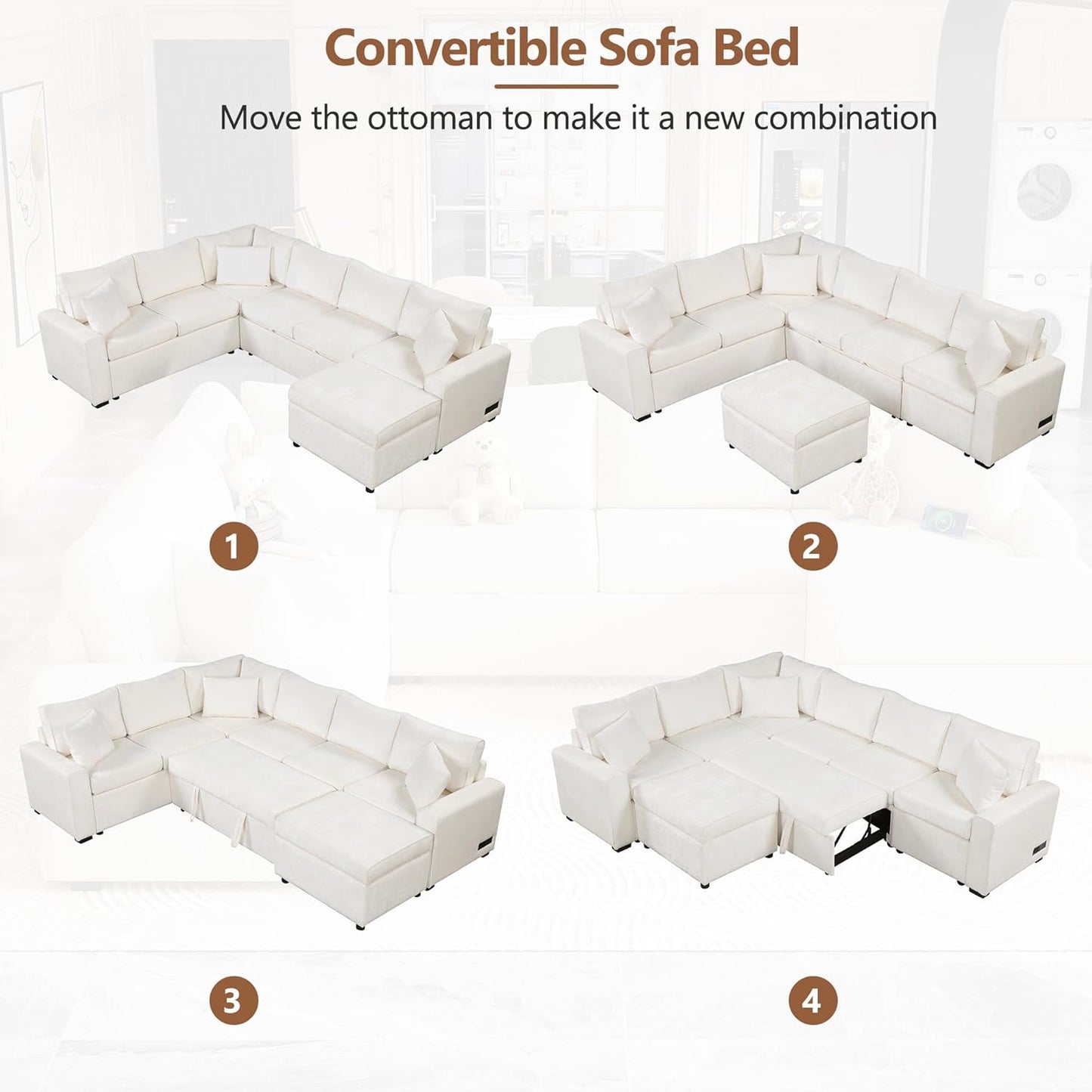 112" Luxurious Pull-out Sofa Bed Sleeper with Storage Ottoman,Sectional Sleeper Couch W/ 3 Pillows,2 USB ports & 2 Power Sockets,Corner Furniture Set for Living Room Large Space,Cream Chenille