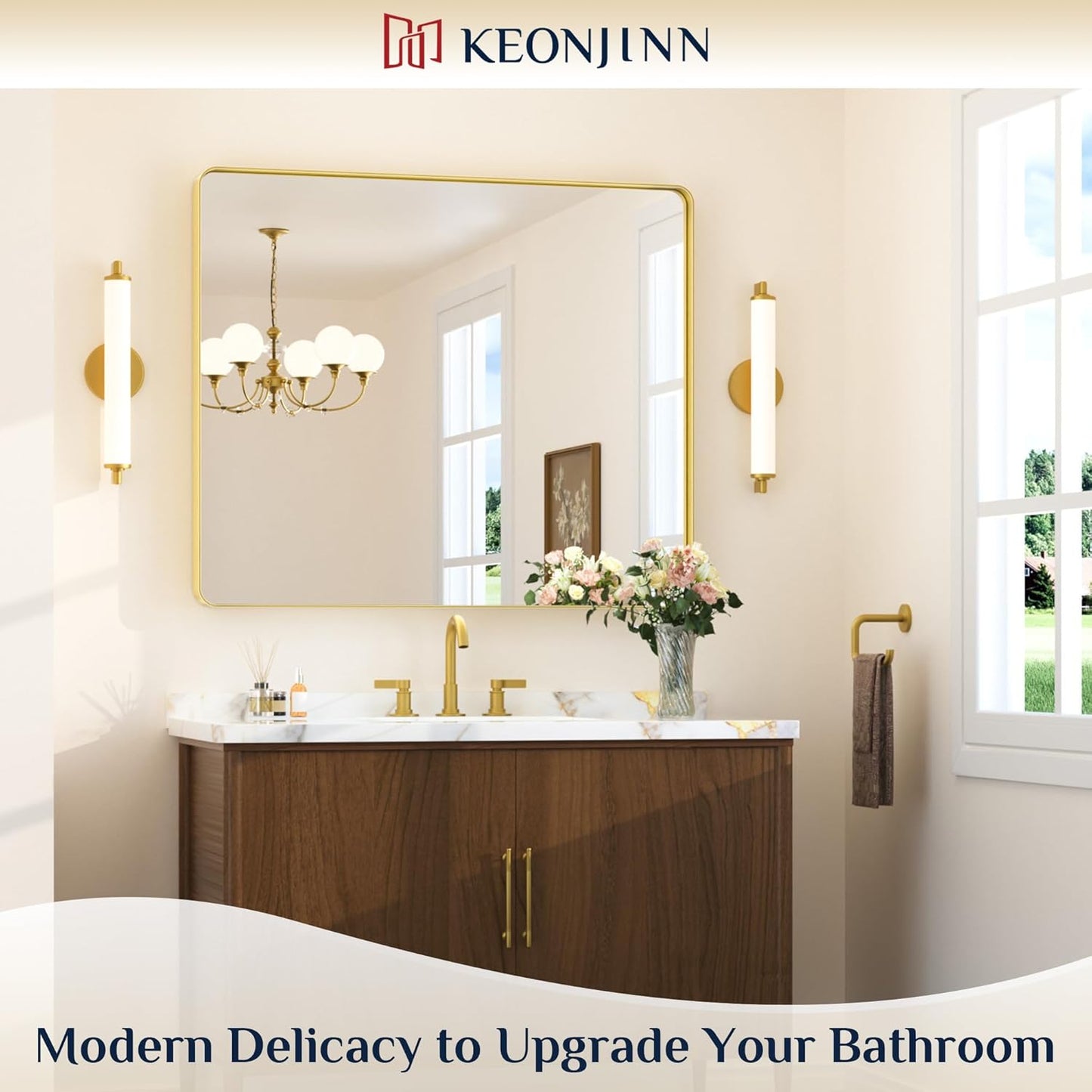 Keonjinn Gold Bathroom Mirrors for Over Sink 42” x 36” Large Brushed Brass Metal Framed Mirror, Rounded Rectangle Bathroom Vanity Mirror, HD Tempered Glass Modern Mirror for Wall(Horizontal/Vertical)