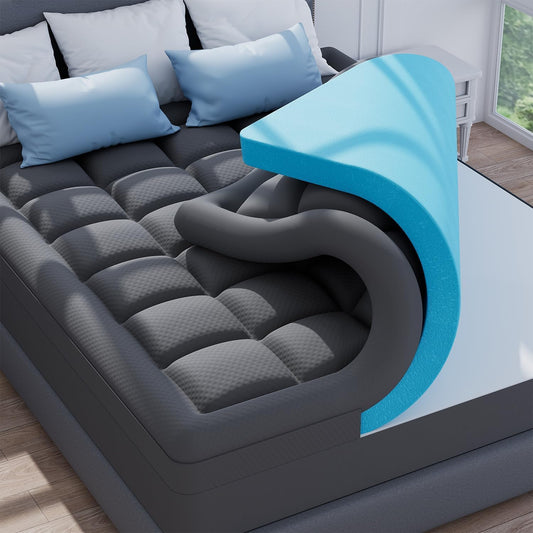 ELEMUSE Dual Layer 3 Inch Memory Foam Mattress Topper Full, 2 Inch Cooling Gel Memory Foam Plus 1 Inch Down Alternative Pillowtop Mattress Pad with Cooling Cover, Soft Comfort Support, Grey
