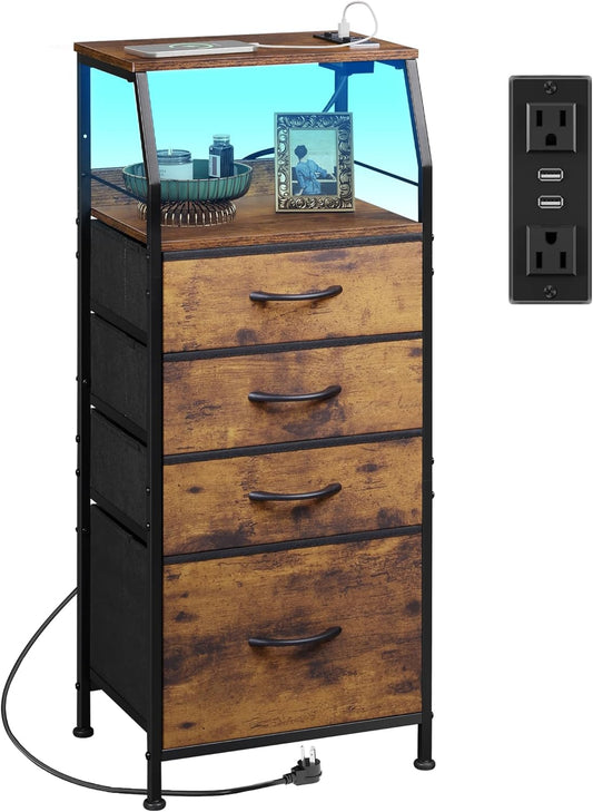 WLIVE 4 Drawer Dresser for Bedroom, 37" H Nightstand with Charging Station and Led Light, Tall Night Stand Bed Side Table, End Table with USB Ports and Outlets, Fabric Bins, Wood Shelf, Rustic Brown