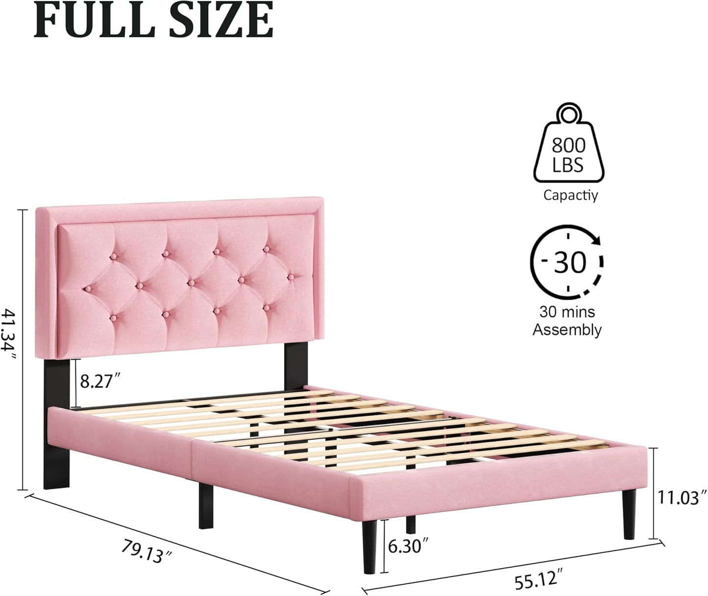 Full Size Platform Bed Frame with Upholstered Velvet Button Tufted Headboard, Mattress Foundation with Wooden Slat Support, No Box Spring Needed, Easy Assembly, Noise Free, Pink