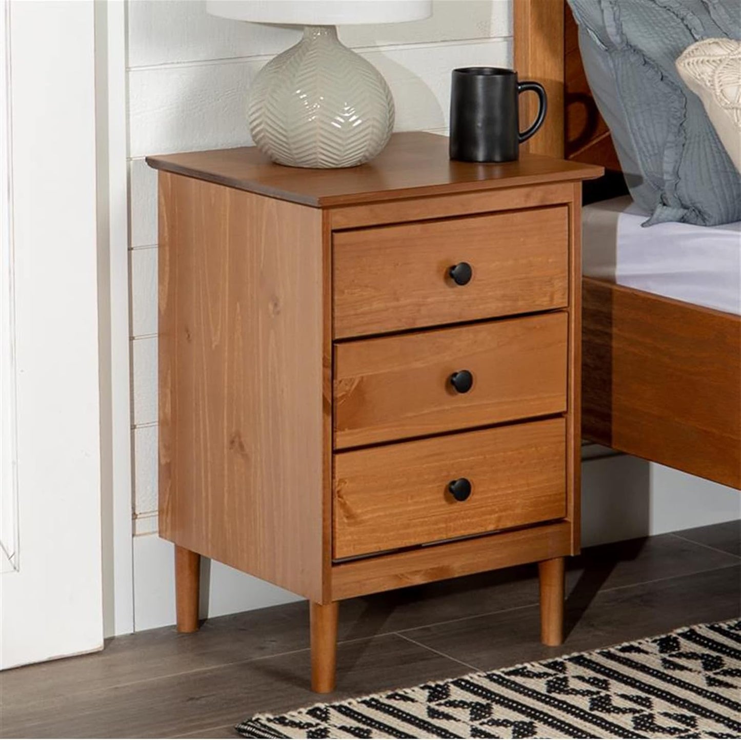 Walker Edison Traditional Wood 3 Drawer Nightstand Side Table Bedroom Storage Drawer and Shelf Bedside End Table, 18 Inch, Caramel