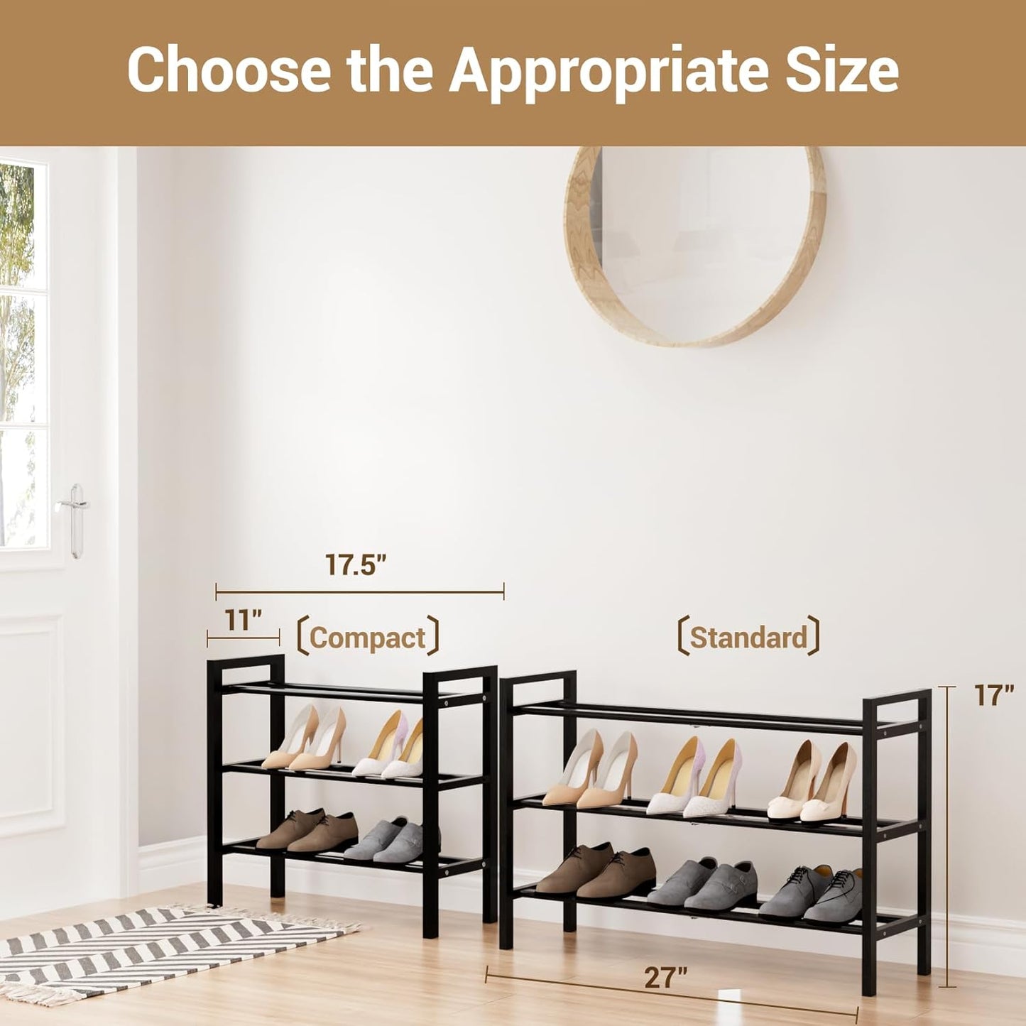 Haddockway Bamboo Shoe Rack for Closet, Free Standing Shoe Organizer with Smooth Round Rods & Convenient Handles, Stackable Shoe Storage Shelf for Entryway, Hallway(Black, 3-Tier(Small))
