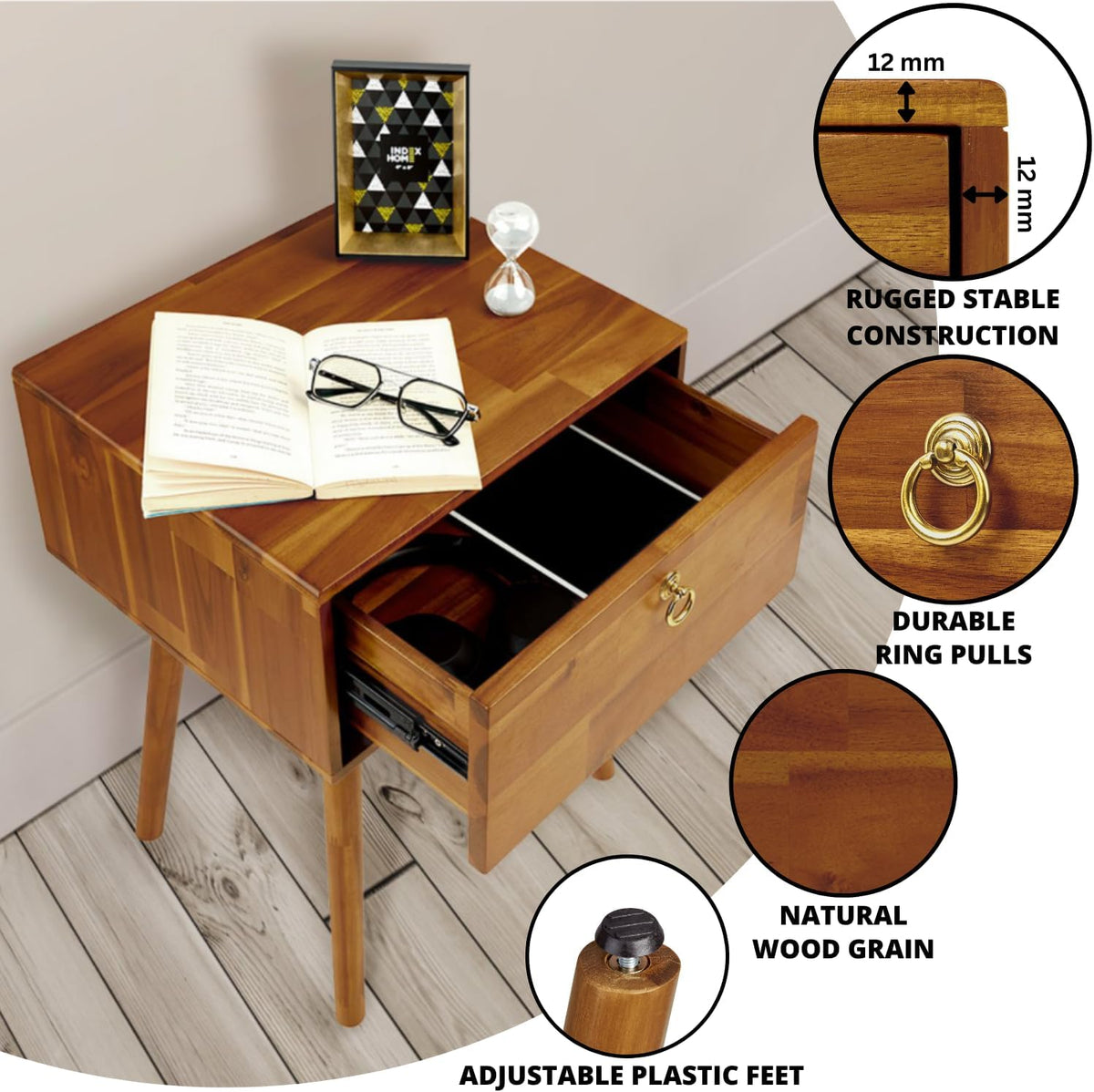 Bme Alden Solid Wood Nightstand/Side Table/End Table, Fully Assembled, with 1-Drawer for Mid Century Bedroom and Living Room, (12mm), Caramel