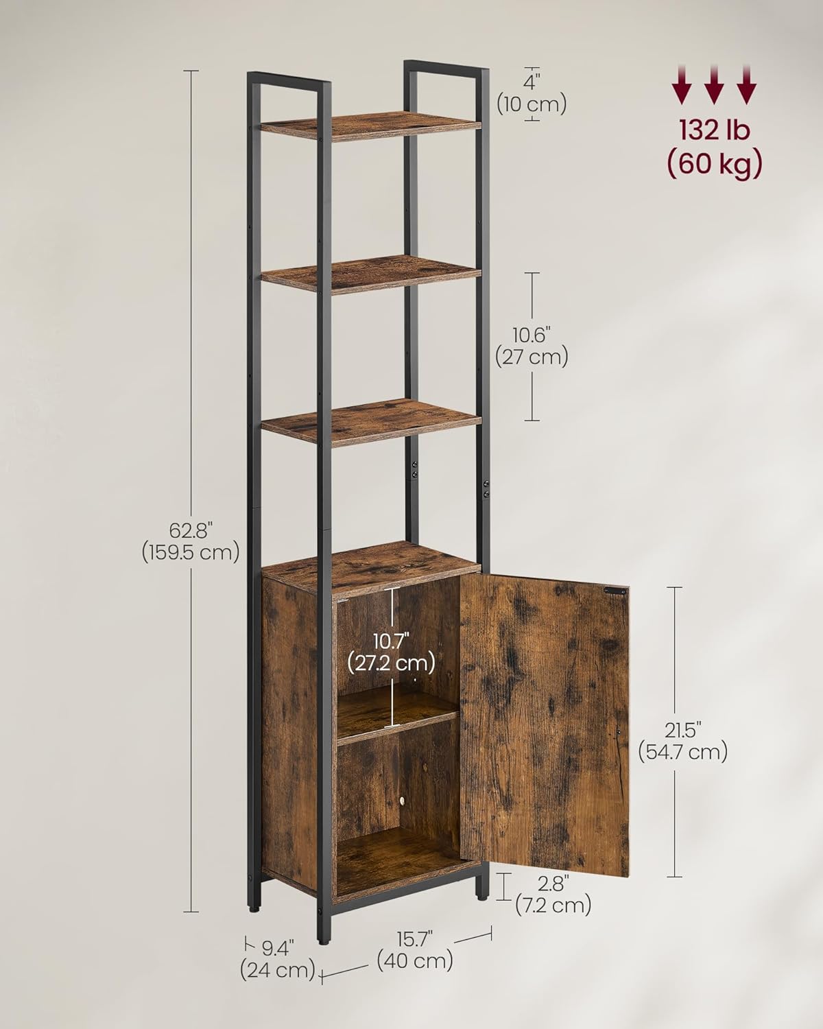 VASAGLE 6-Tier Bookshelf, Tall Bookcase with Cabinet, Steel Frame, Adjustable Shelves, 9.4 x 15.7 x 62.8 Inches, Living Room Bedroom, Rustic Brown and Ink Black ULLS132K01
