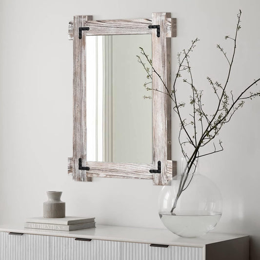 MeMoreCool Farmhouse Rustic Wood Framed Bathroom Mirror, Decorative Wall Mounted Rectangular Mirror for Bedroom, Living Room, or Bathroom, 24x36 Inch, White