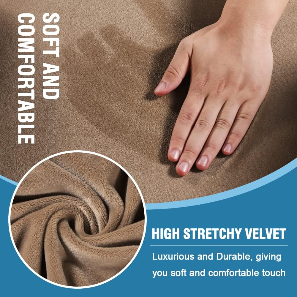H.VERSAILTEX Sofa Cover 3 Piece T Cushion Sofa Slipcovers Thick Velvet Couch Cover Furniture Protector Stretch T Cushion Sofa Covers for 2 Cushion Couch with 2 Individual T Cushion Covers, Camel