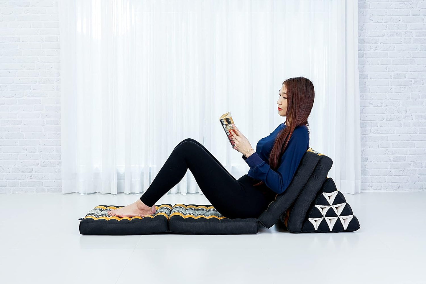 Leewadee Comfortable Japanese Floor Mattress - Thai Floor Bed with Triangle Cushion - Futon Mattress - XL Extra Long Thai Massage Mat, 89 x 20 inches, Black Orange, Kapok Filling