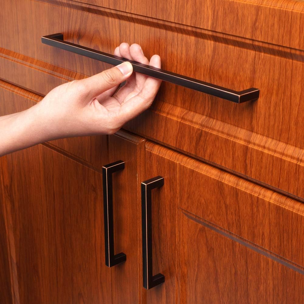 KOOFIZO Solid Square Bar Cabinet Handle - Oil Rubbed Bronze Furniture Pull, 12.6 Inch/320mm Screwhole Distance, 10-Pack for Kitchen Cupboard Door, Bedroom Dresser Drawer, Bathroom Hardware