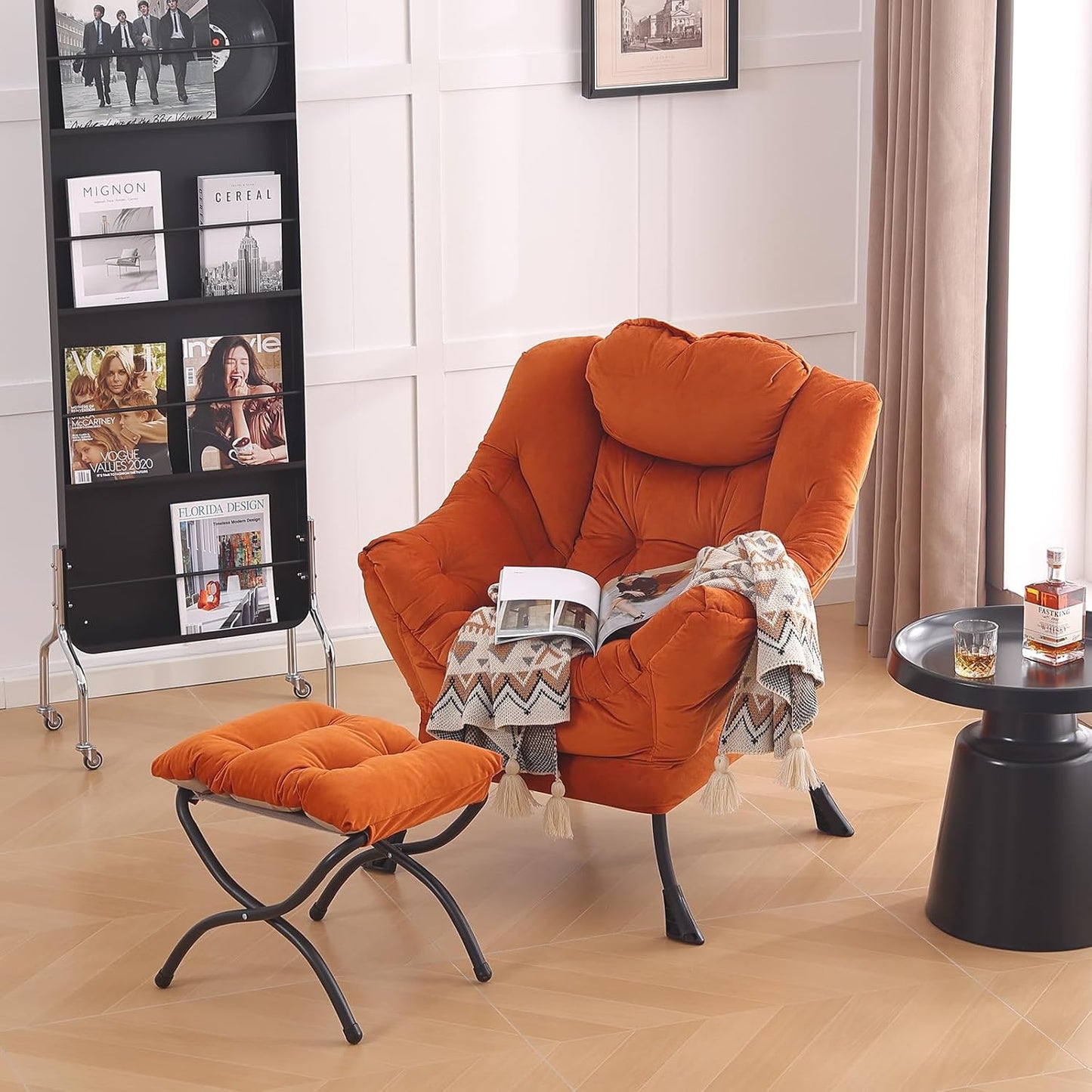 LITA Lazy Chair with Ottoman, Modern Lounge Accent Chair with Armrests and a Side Pocket, Leisure Upholstered Sofa Chair Set, Reading Chair with Footrest for Small Space, Corner Chair,Orange