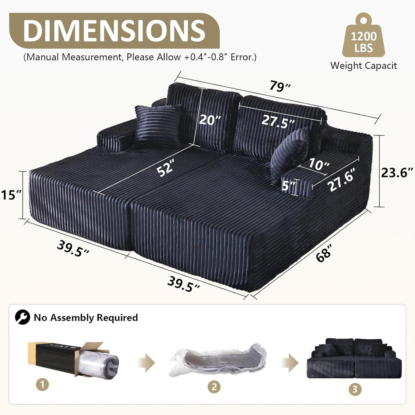 Oversized 79” Double Chaise Lounge Sofa Bed, Deep Seat Corduroy Cloud Loveseat Chair, No Assembly, Plush Upholstered Sleeper for Living Room or Bedroom (Black)