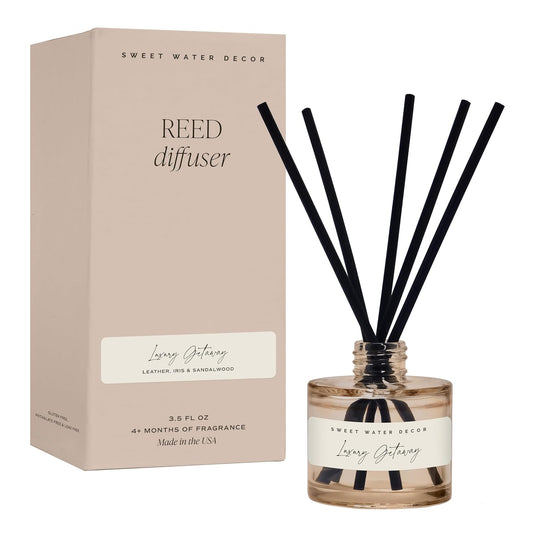 Sweet Water Decor Luxury Getaway Reed Diffuser – Hotel Scent Diffuser with Long-Lasting Premium Fragrance of Leather, Iris, Sandalwood for 4 Months – Ideal for Home Decor