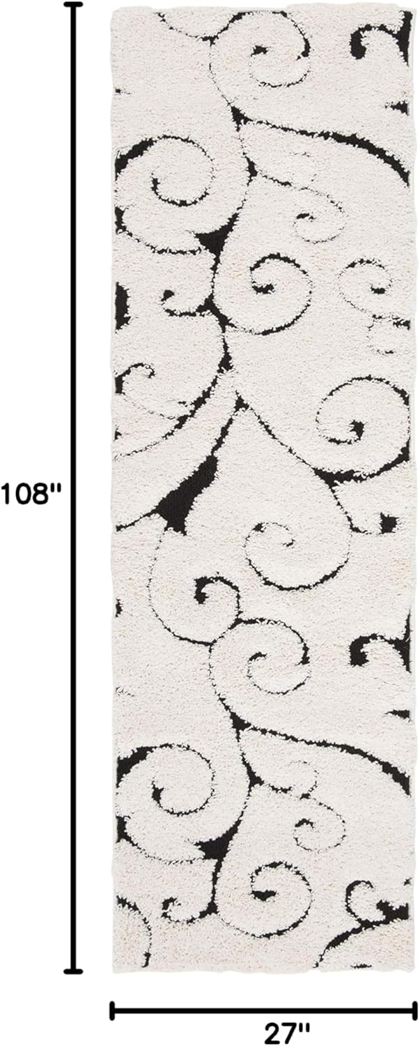 SAFAVIEH Florida Shag Collection Runner Rug - 2'3" x 9', Ivory & Black, Scroll Design, Non-Shedding & Easy Care, 1.2-inch Thick Ideal for High Traffic Areas in Living Room, Bedroom (SG455-1290)