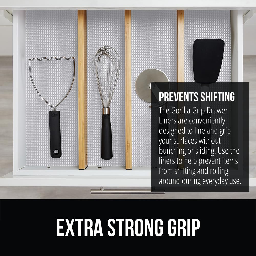 GORILLA GRIP powerGRIP Drawer Shelf and Cabinet Liner, Thick Strong Hold, Non-Adhesive Liners Protect Kitchen Cabinets and Cupboard, Bathroom Drawers, Easy Install, Breathable Mat, 24" x20' Light Gray