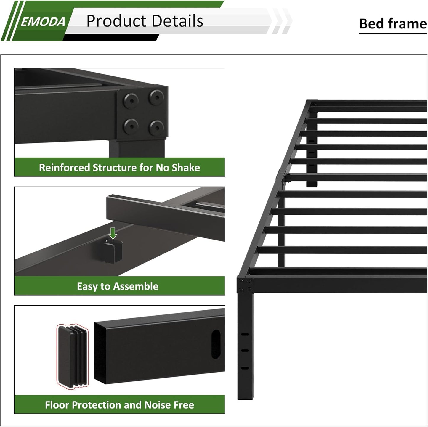EMODA Queen Bed Frame No Box Spring Needed 18 Inch Heavy Duty Metal Tall Platform Bed Frame Queen Size with Large Storage Space, Easy Assembly, Black