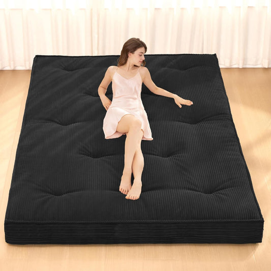 Japanese Floor Mattress, 4" Thicken Futon Mattress Full Size Sleeping Pad, Corduroy Foldable Mattress Pad Roll Up Tatami Mat Floor Mattress for Adults（Black）