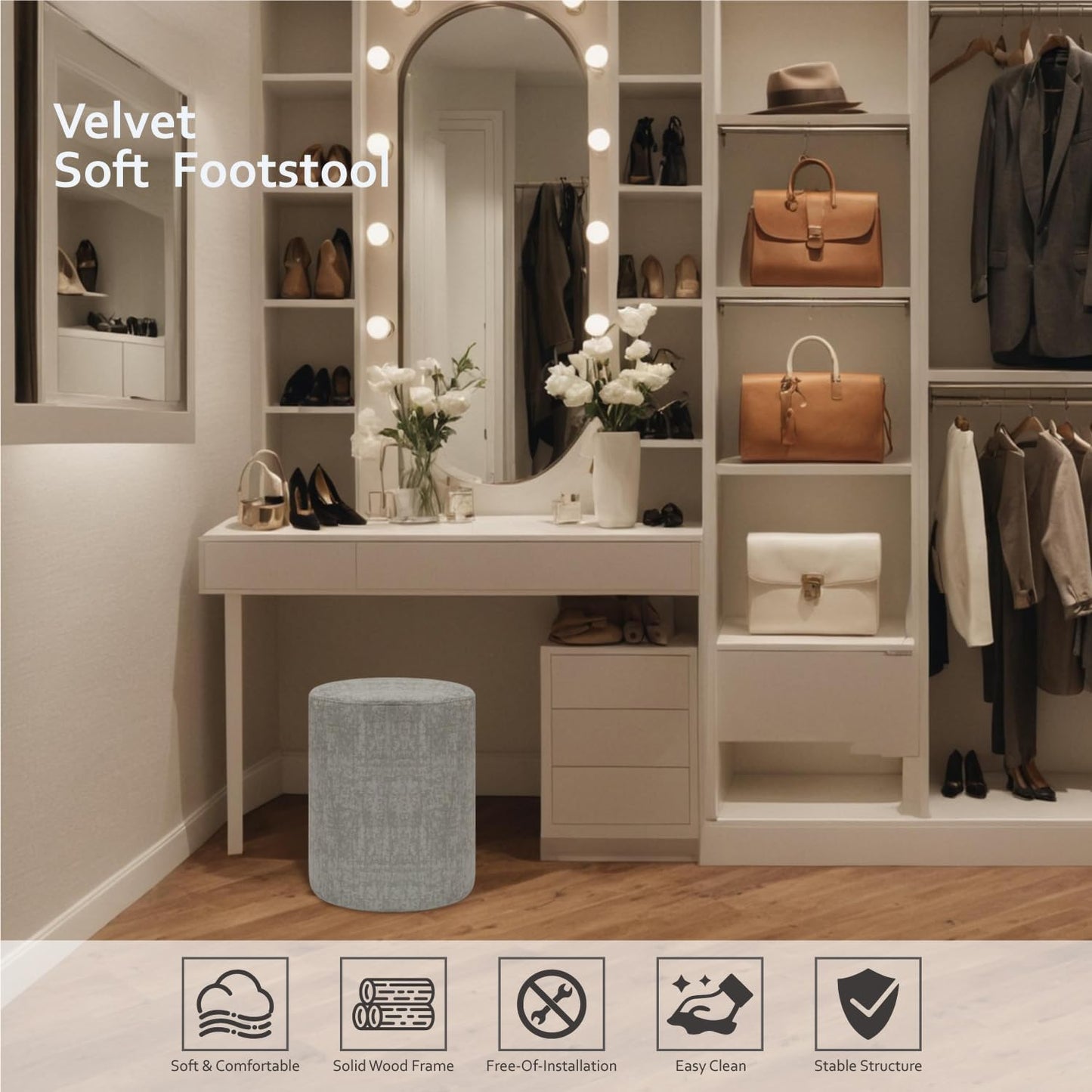 Get Set Style Modern Round Ottoman with Soft Padded Seat, Multifunctional Vanity Stool for Makeup, Upholstered Footrest Stool Ottoman Foot Stool for Living Room, Bedroom