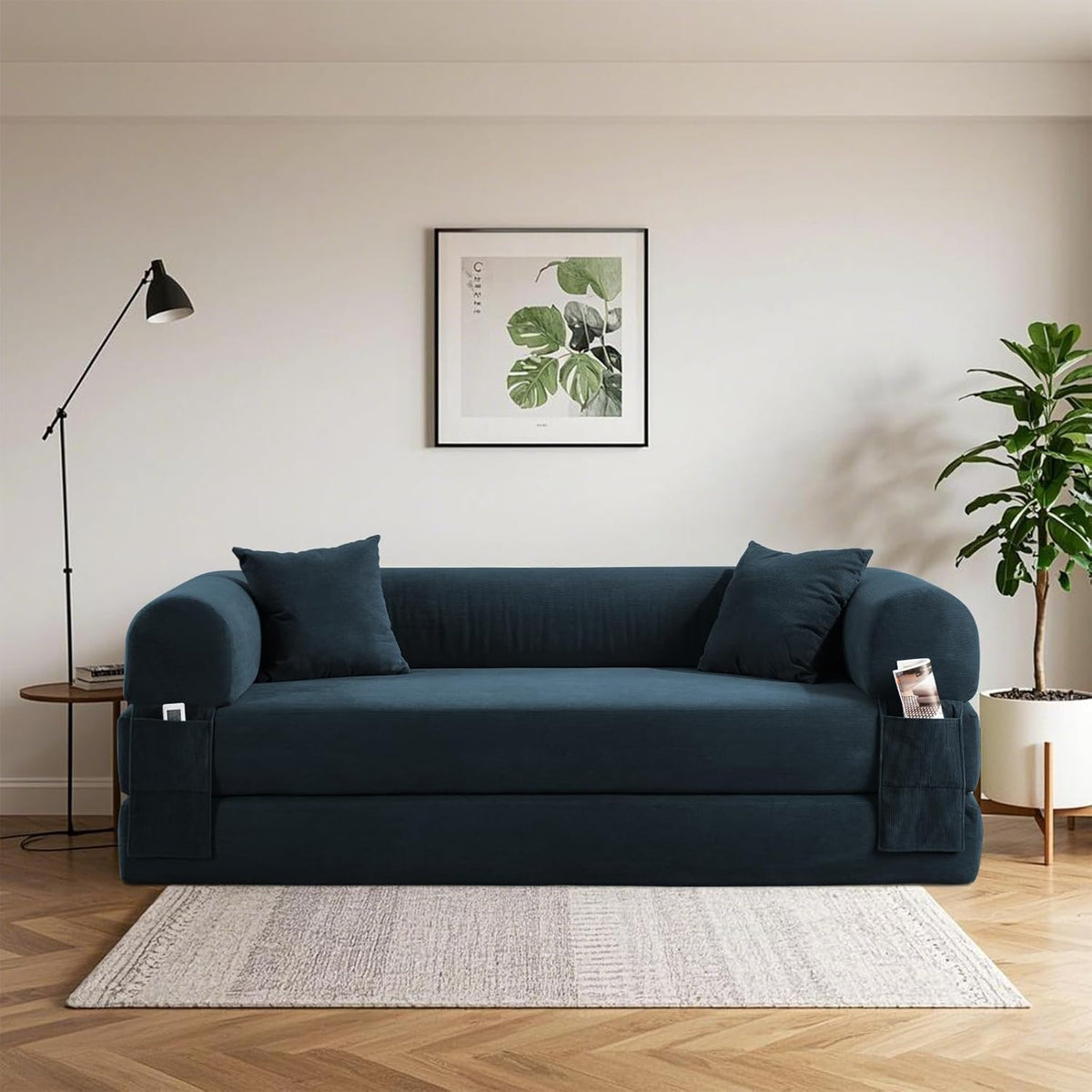 80" Convertible Sofa Bed, Corduroy Deep Seat Folding Pull Out Couch with Pillows, No Assembly Modern Boneless Couch Compression Sofa in Box, Floor Sofa with Storage Pocket for Living Room,Dark Blue