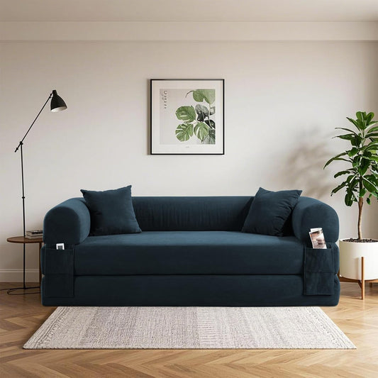 80" Convertible Sofa Bed, Corduroy Deep Seat Folding Pull Out Couch with Pillows, No Assembly Modern Boneless Couch Compression Sofa in Box, Floor Sofa with Storage Pocket for Living Room,Dark Blue