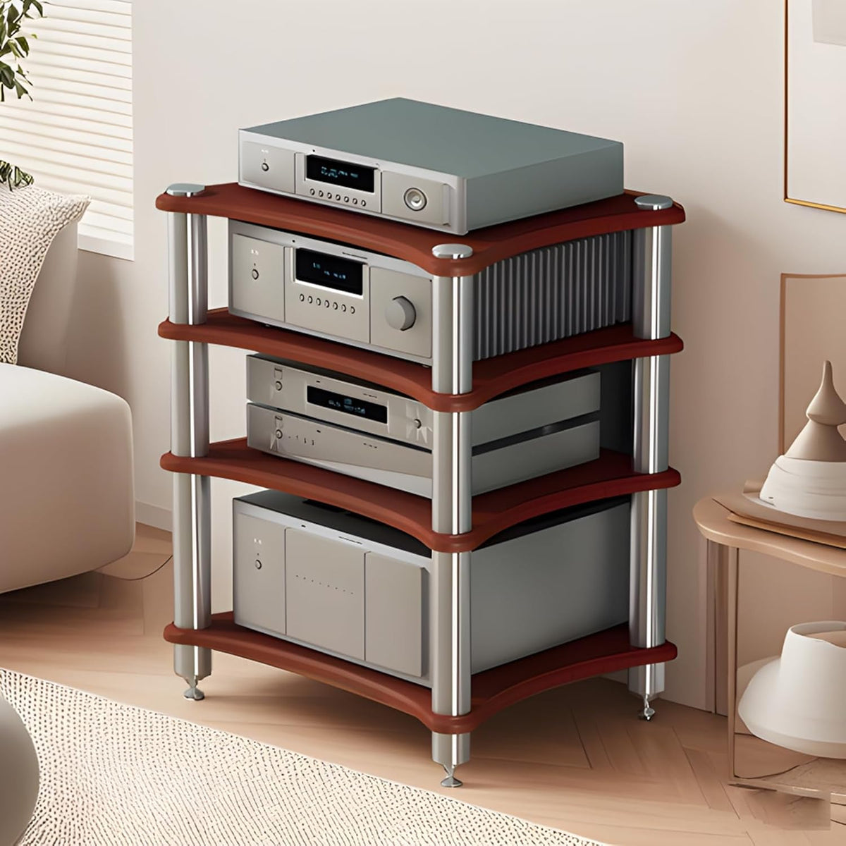 4-Tier AV Media Stand, Stereo Racks and Stands, Video Component Cabinet Audio Rack Tower for DVD Player Game Console TV Box WiFi Routert (Dark Wood, 4-Tier)