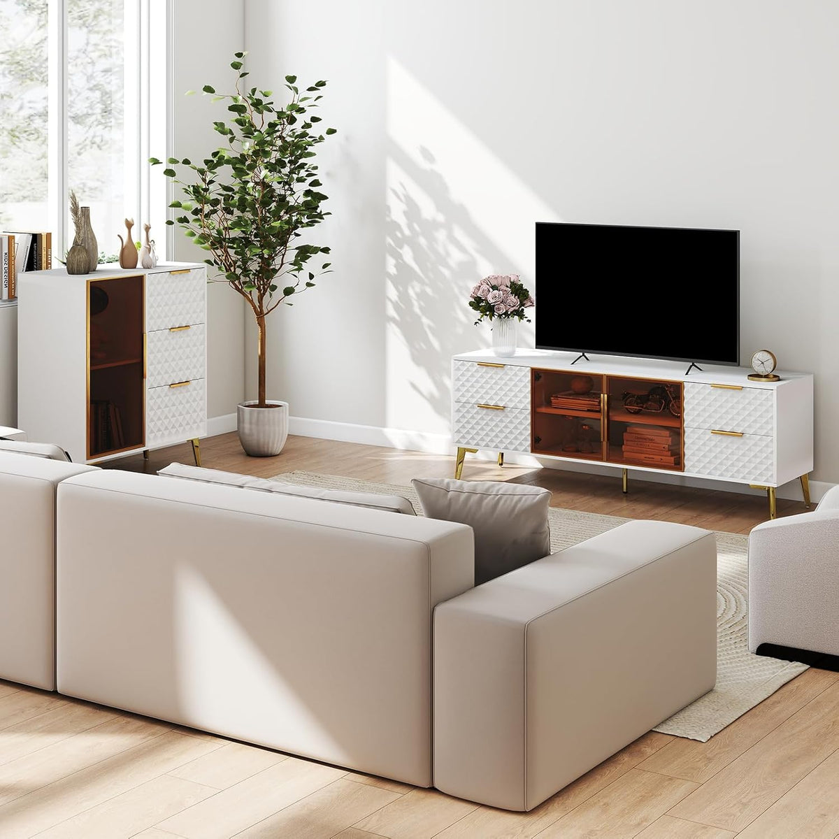 Rovibek 59" Modern TV Stand, Entertainment Center TV Console with Storage Drawers and Open Shelves, Media Console for Living Rooms and Bedrooms