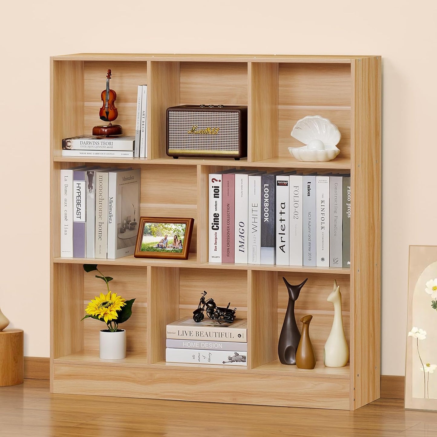 LEYAOYAO 8 Cube Bookshelf with Base,3 Tier Mid-Century Modern Natural Bookcase,Standing Wide Bookshelves Storage Organizer Shelf,Rustic Wood Display Cabinet Book Shelves for Bedroom,Living Room,Office