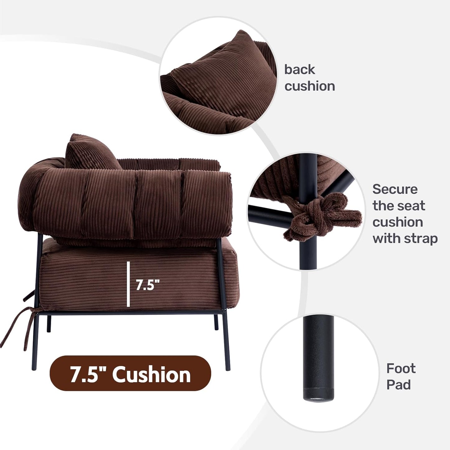 HollyHOME Modern Velvet Accent Chair, Upholstered Comfy Reading Chair, Fabric Large Lazy Arm Chair with Soft Cushion, Metal Frame Lounge Sofa Chair for Living Room, Bedroom, Balcony, Coffee