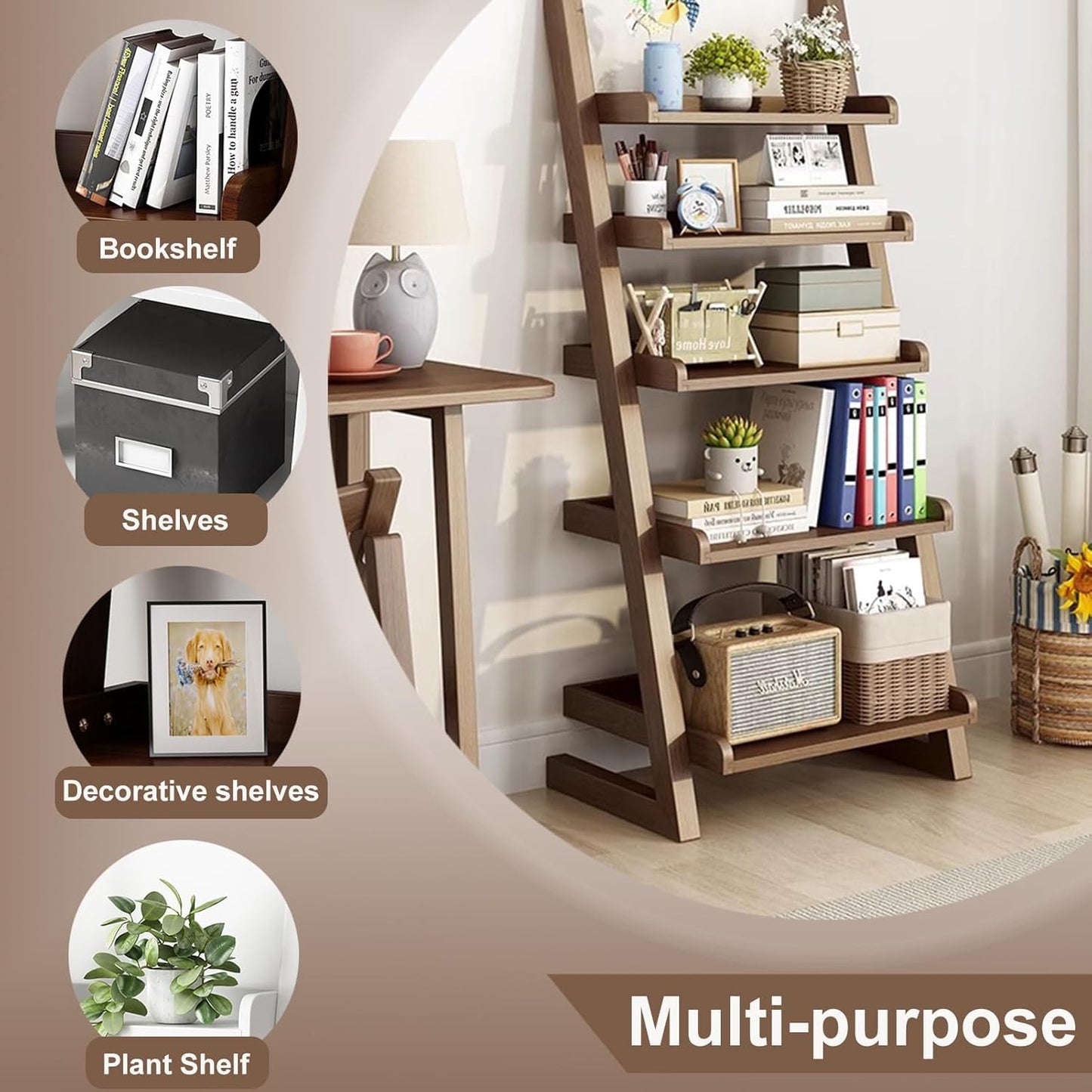 5-Tier Wooden Ladder Shelf Bookcase, H 55" Walnut Ladder Bookshelf Freestanding Storage Shelves Rack Organizer for Living Room, Home Office and Bedroom