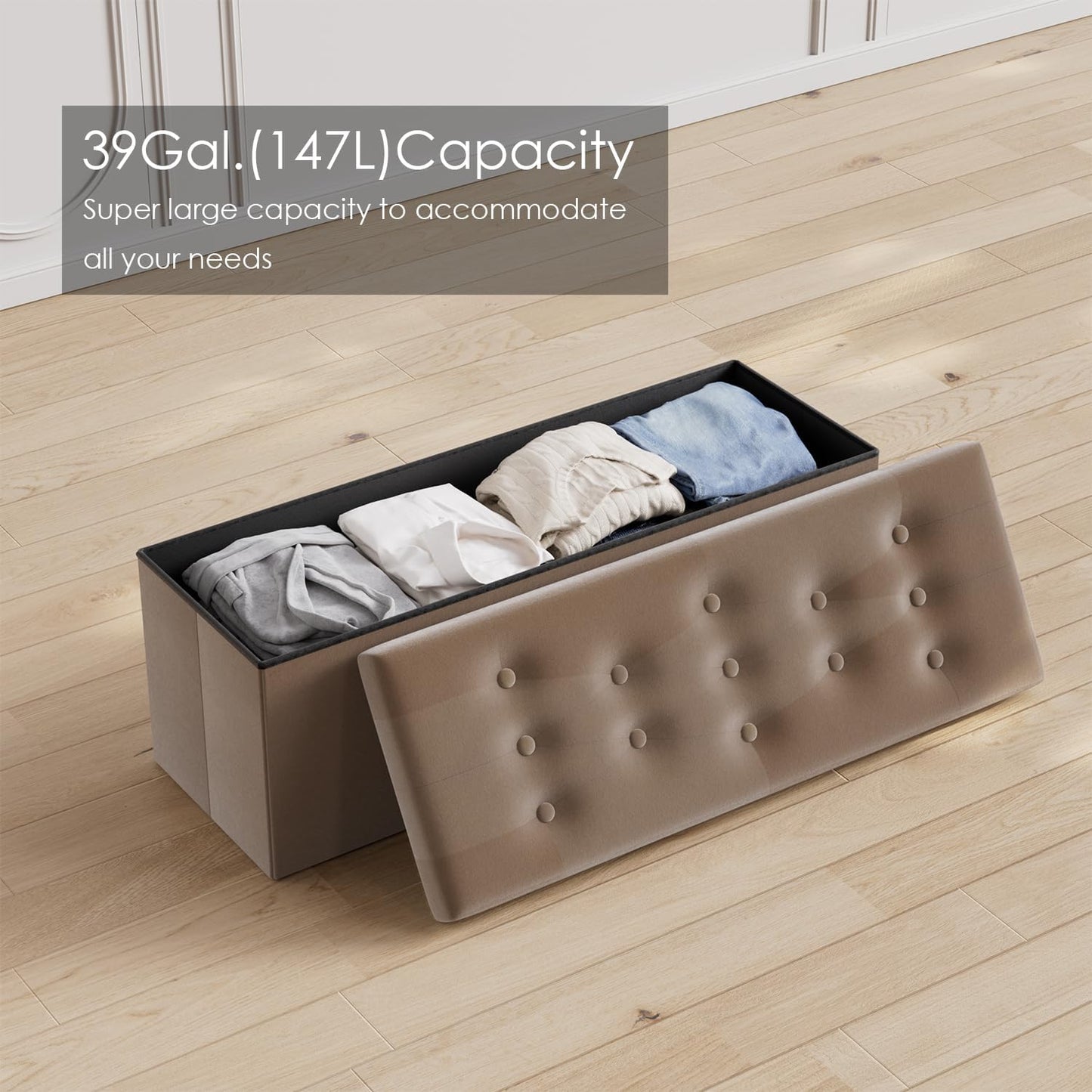 PRANDOM Jumbo Ottoman with Storage [1-Pack] Velvet Folding Small Square Foot Stool with Lid for Living Room Bedroom Coffee Table Dorm Dark Coffee 43x15x15 inches