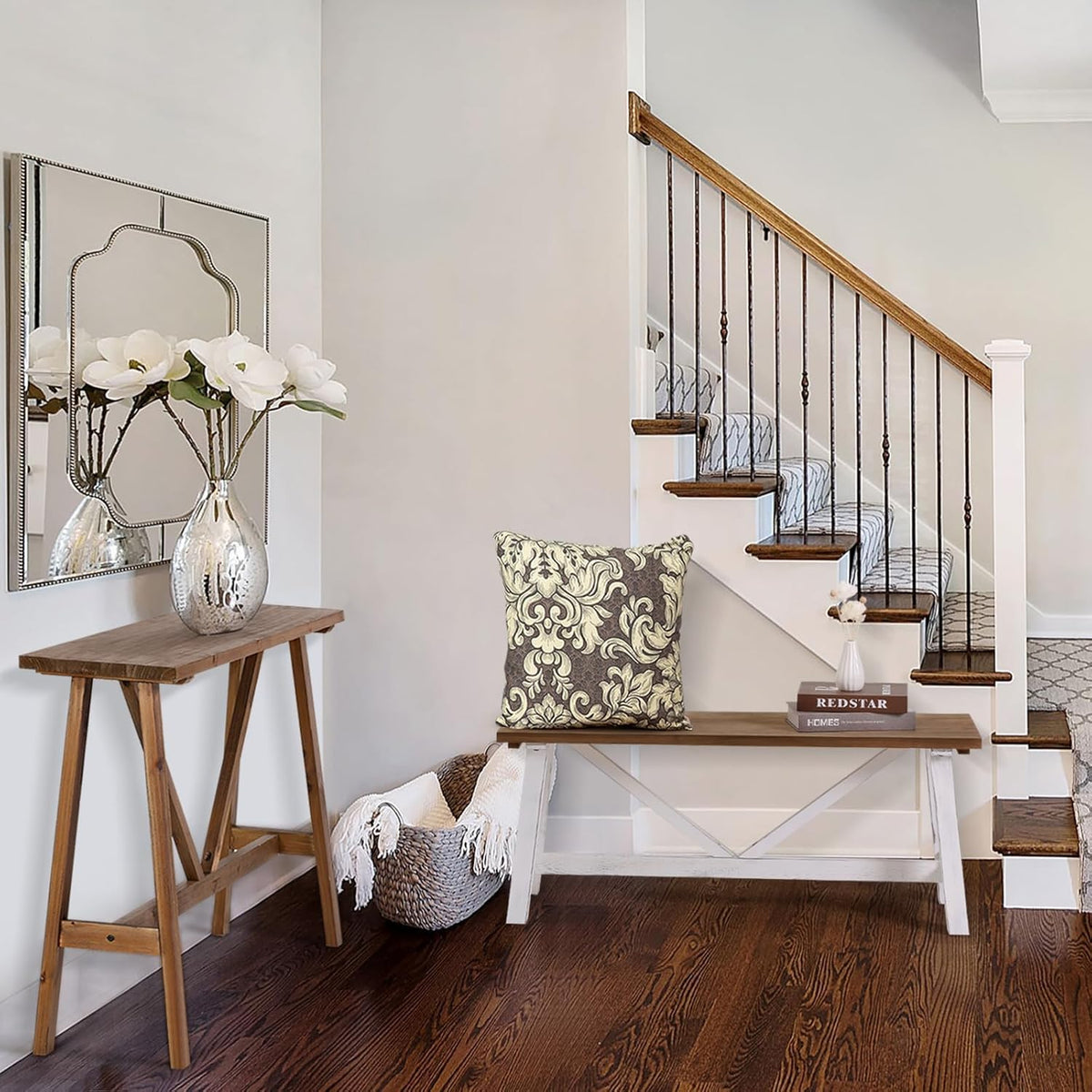 Wnutrees 43" Farmhouse Wood Bench, Narrow Bench, Long Bench Seat for Entryway, Living Room, Dining Room, Solid Wood, White