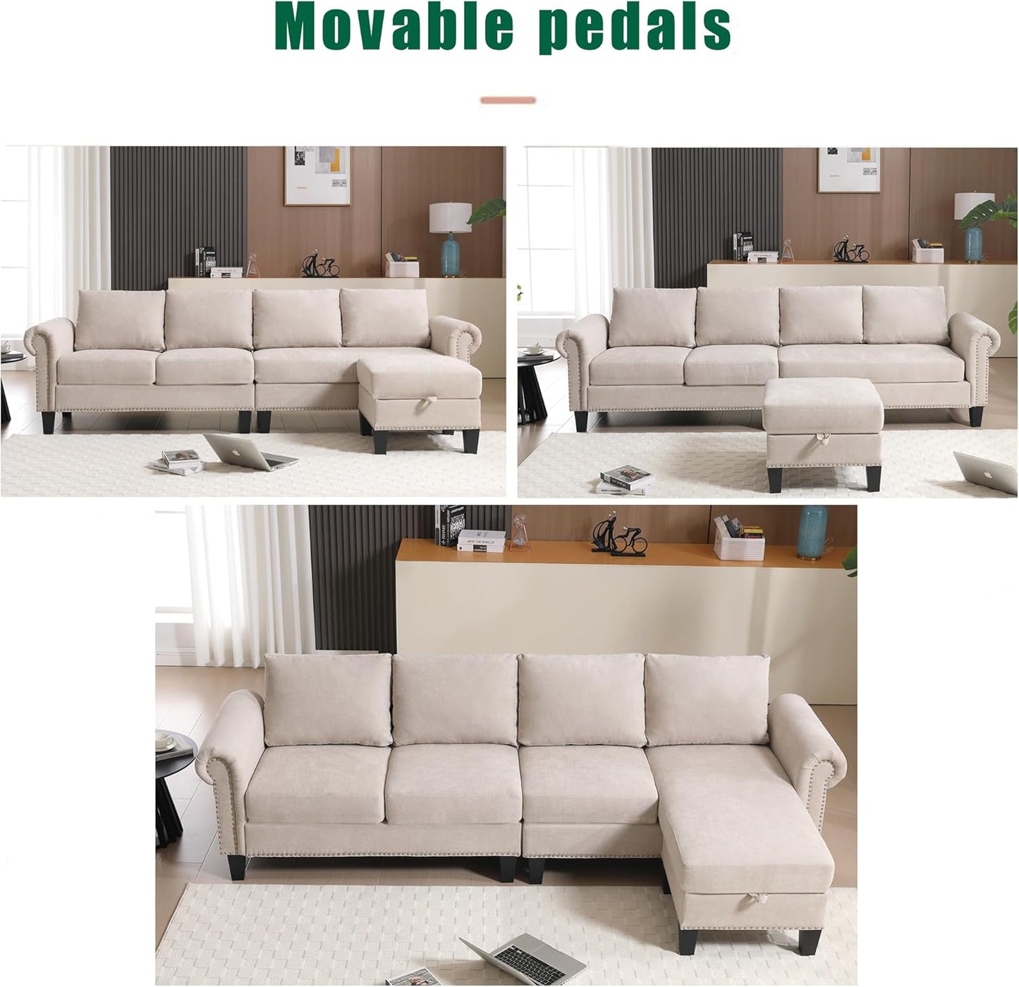 Ball & Cast 106" Convertible Sectional Sofa with Storage Chaise, Linen Upholstered 4 Seater Couch with Back Cushions and Removable Ottoman for Living Room, Apartment, Office,Beige