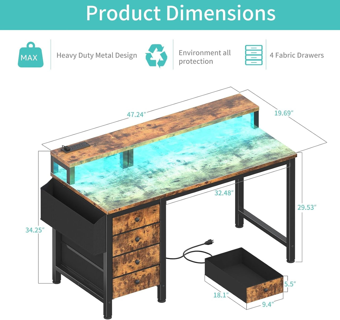 Lufeiya Reversible Gaming Desk with LED Lights and Power Outlets, 47 inch Home Office Desk with Monitor Stand, Computer Desk with Fabric Drawers, Rustic Brown
