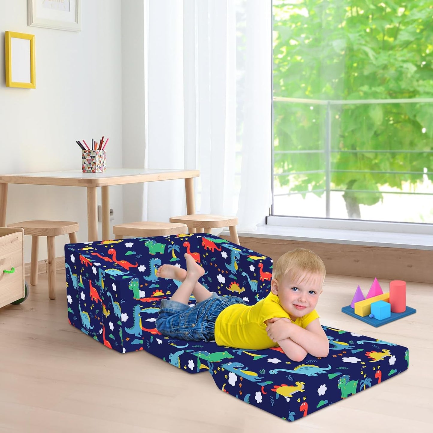 Kids Couch Convertible Sofa to Lounger for Toddler Boy, Foldable 2-in-1 Kids Sofa Bed, Toddler Chairs Comfy for Bedroom Playroom, Blue Dinosaur