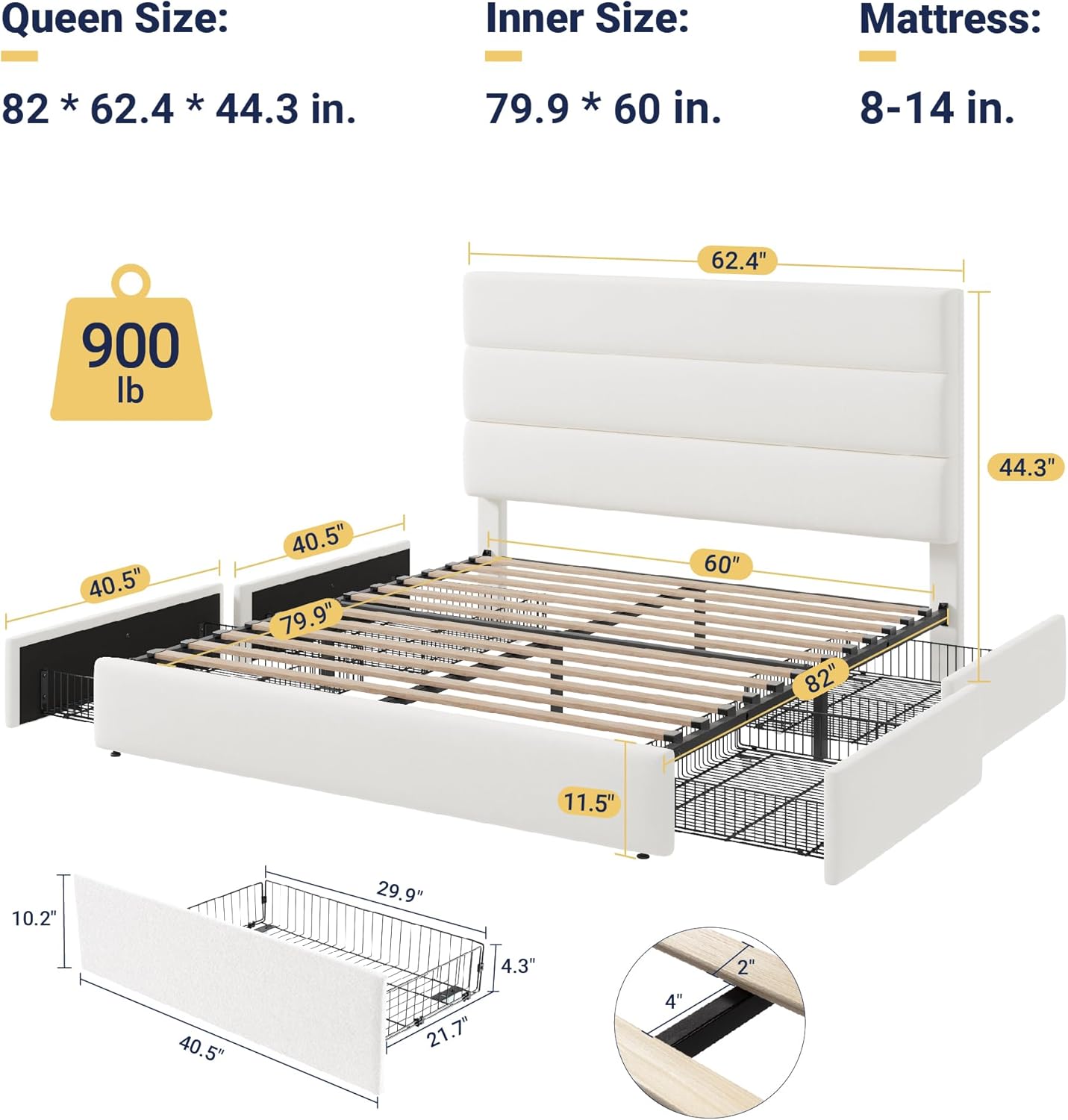 Allewie Modern Queen Size Platform Bed Frame with 4 Storage Drawers and Velvet Upholstered Headboard, Wooden Slats Support, Upholstered Mattress Foundation/No Box Spring Needed/Easy Assembly, White
