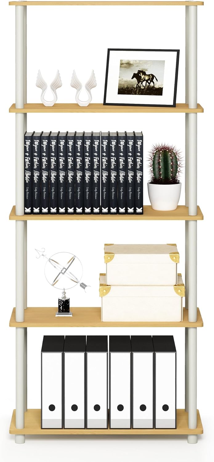 Furinno Turn-N-Tube 5-Tier Multipurpose Shelf / Display Rack / Storage Shelf / Bookshelf, Round Tubes, Beech/White