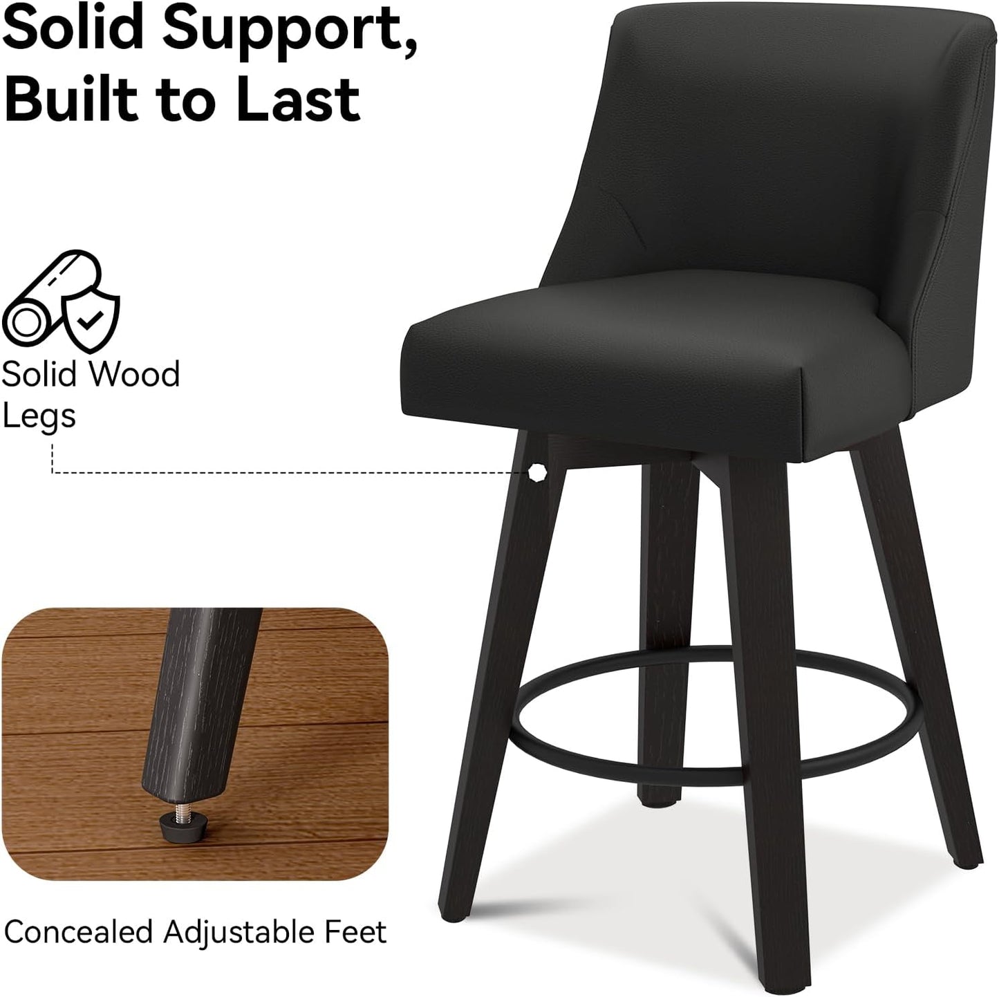 Counter Height Swivel Bar Stools Set of 4, 26 Inch Bar Stools with Footrest, Faux Leather Upholstered Barstools with Back and Solid Wood Legs for Kitchen Island, Dining Room,Pub,Black