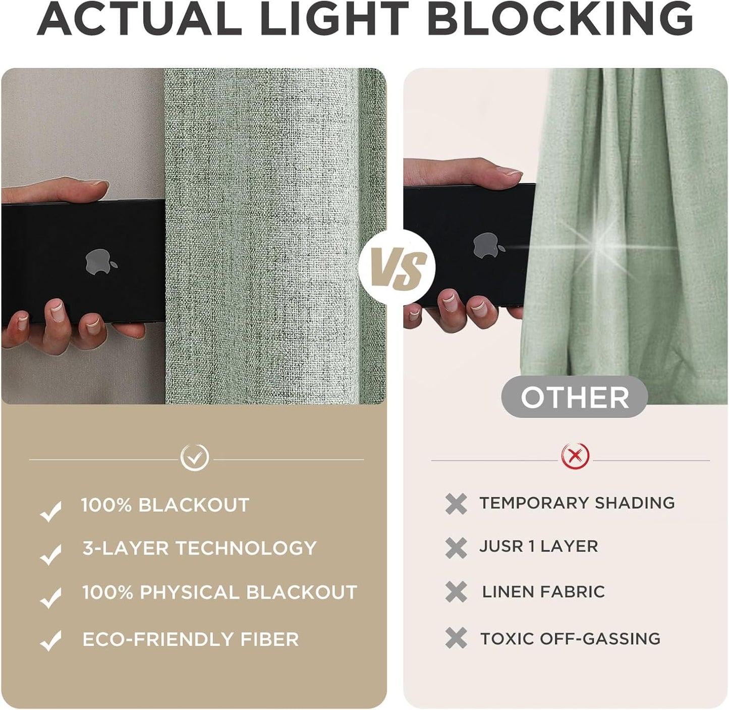 Joydeco 100% Blackout Curtains for Bedroom - Natural Linen Curtains 70" W x 90" L Long, Thermal Insulated 1 Panels Sage Green Light Blocking Drapes, Rod Pocket & Back Tabs for Living Room