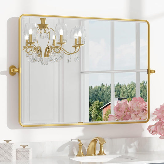 Keonjinn Large Pivot Mirror Bathroom, 40 x 30 Inch Beveled Tilt Mirror Bathroom, Gold Metal Framed Mirrors with Rounded Corner, Modern Rectangle Vanity Mirrors for Wall (Horizontal/Vertical)