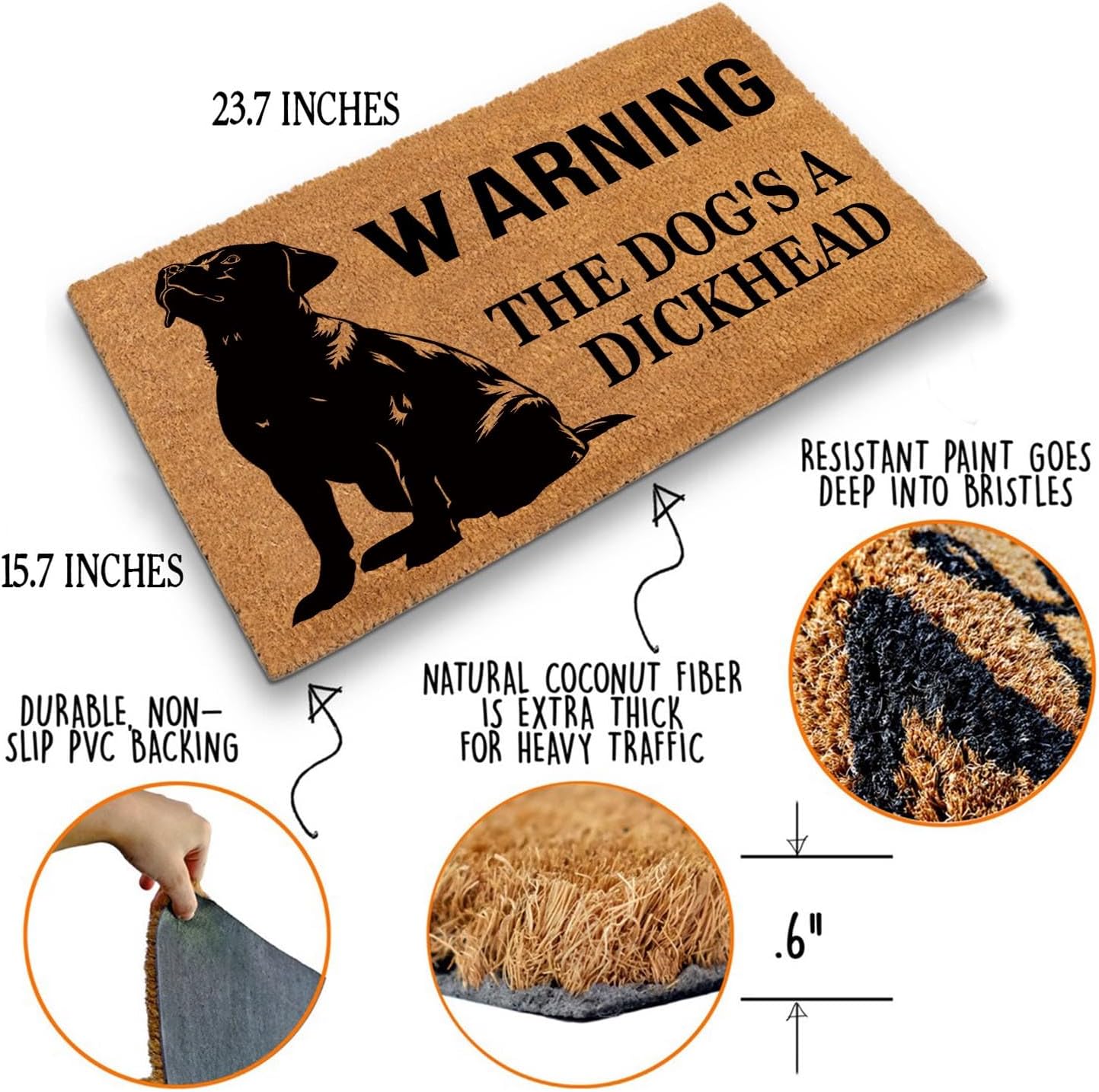Funny Coir Doormat Warning Dog The Dog's A Dickhead Front Door Mat Entryway Outdoor Mat with Heavy Duty Front Porch Decor Welcome Mats House Warming Gift Coir Doormat Entry Brown Mat 23.7 x 15.7 inch