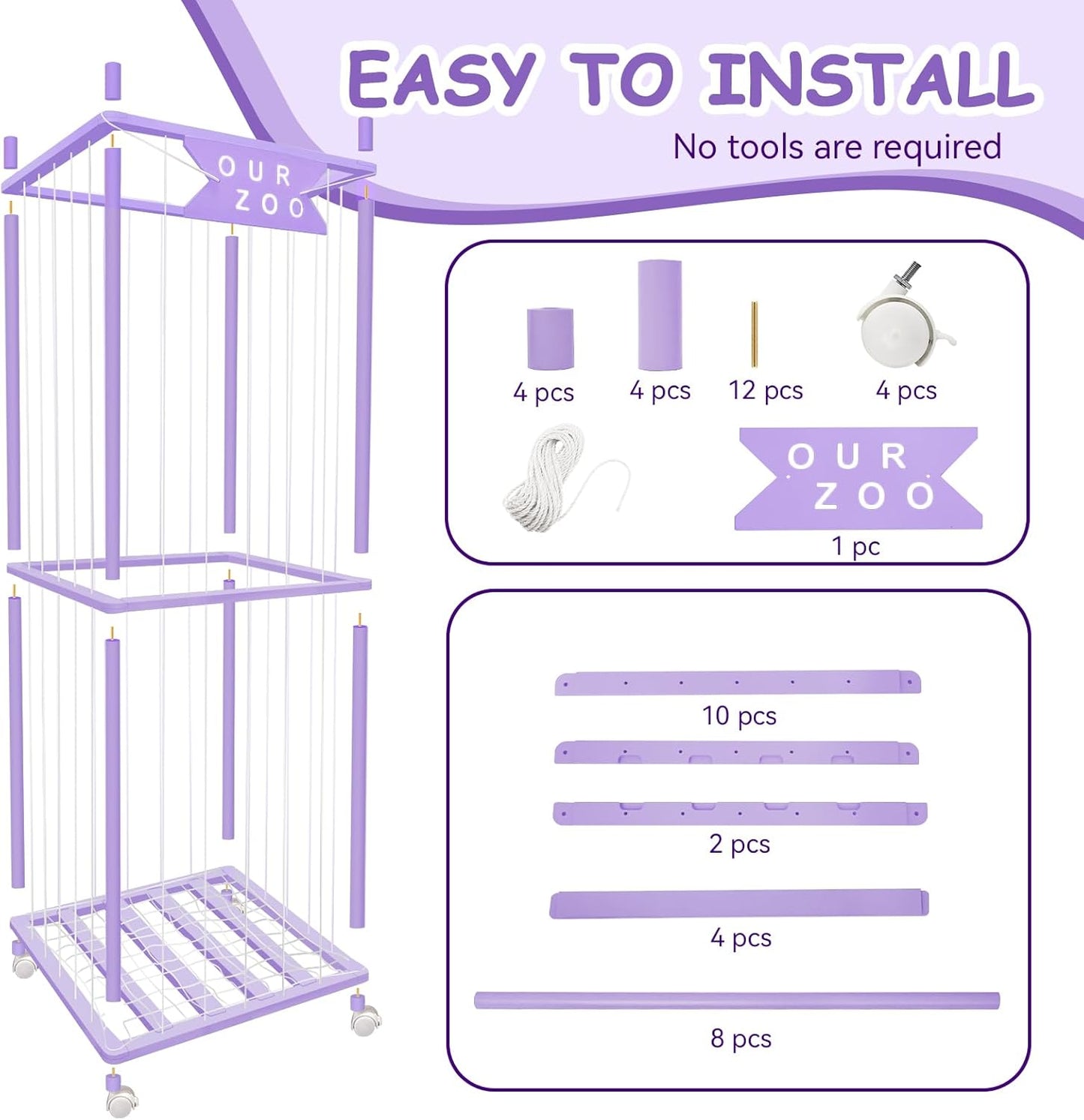 Stuffed Animal Storage Zoo with Wheels, Wooden Large Stuff Animals Plushies Holder Toy Organizer Kids Plush Storage Cage with Elastic Band and Net for Nursery Playroom Corner for Toddler (Purple)