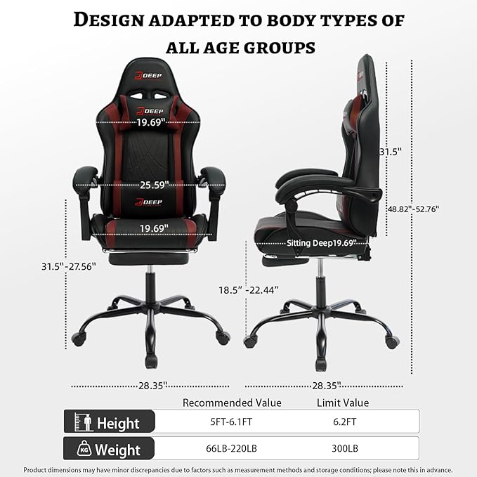 Ergonomic Gaming Chair with Footrest and Lumbar Massage, Racing Office Chair, High Back Computer Desk Chair with Headrest Pillow for Adults, Video Game Chair for PC Gamer (1001-Red)