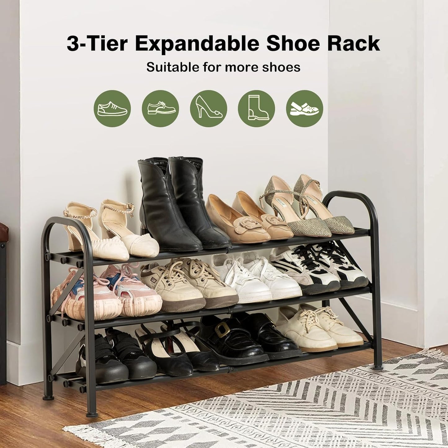 3-Tier Shoe Rack for Closet, 16"-33" Expandable ShoeRackAdjustable for Entryway Closet Doorway SturdyMetal, Black