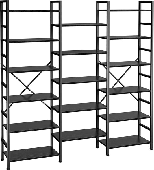 SUPERJARE Triple 6 Tier Bookshelf, Bookcase with 17 Open Display Shelves, Wide Book Shelf Book Case for Home & Office, Black