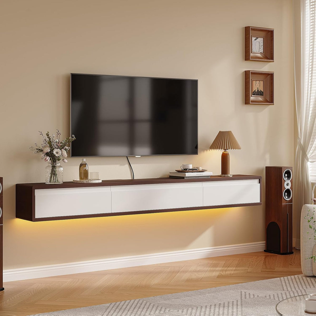 Floating TV Stand High Gloss,47'' Wall-Mounted TV Cabinet,Floating TV Console,Under TV Shelf with 3 Doors for Living Room Bedroom(Walnut+White)
