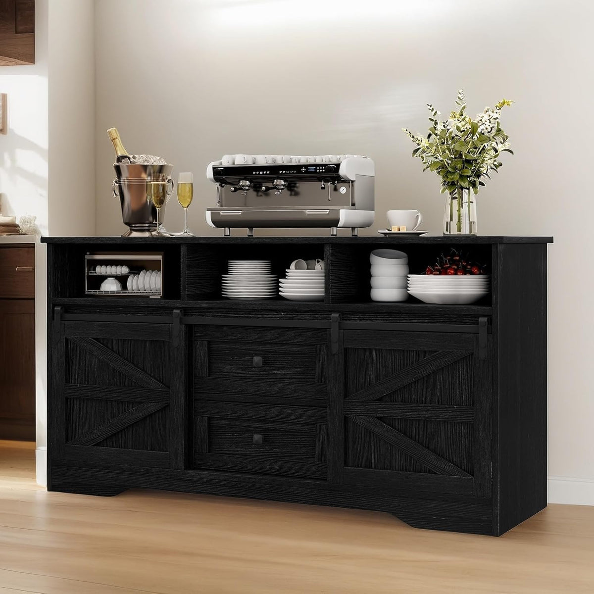 YITAHOME 59" Large Buffet Sideboard Cabinet, Farmhouse Kitchen Cabinet with 2 Sliding Doors & 2 Drawers for Kitchen, Living Room Storage (White)