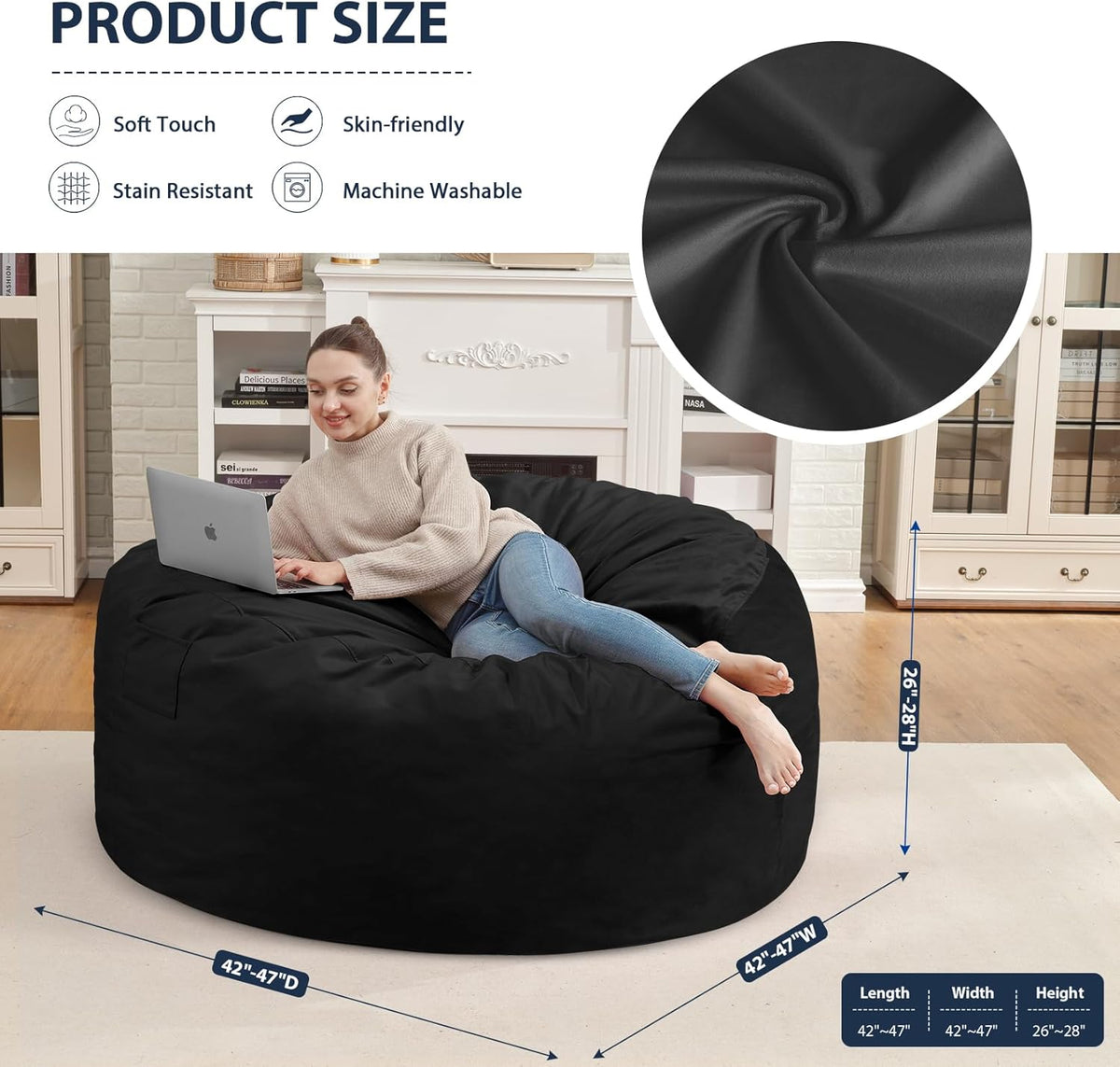 4FT Bean Bag Chair, Large Bean Bag Chairs with Memory Foam Filled, Fluffy Beanbag Sofa with Dutch Velvet Cover, Round BeanBag Chairs for Living Room, Playroom - Black