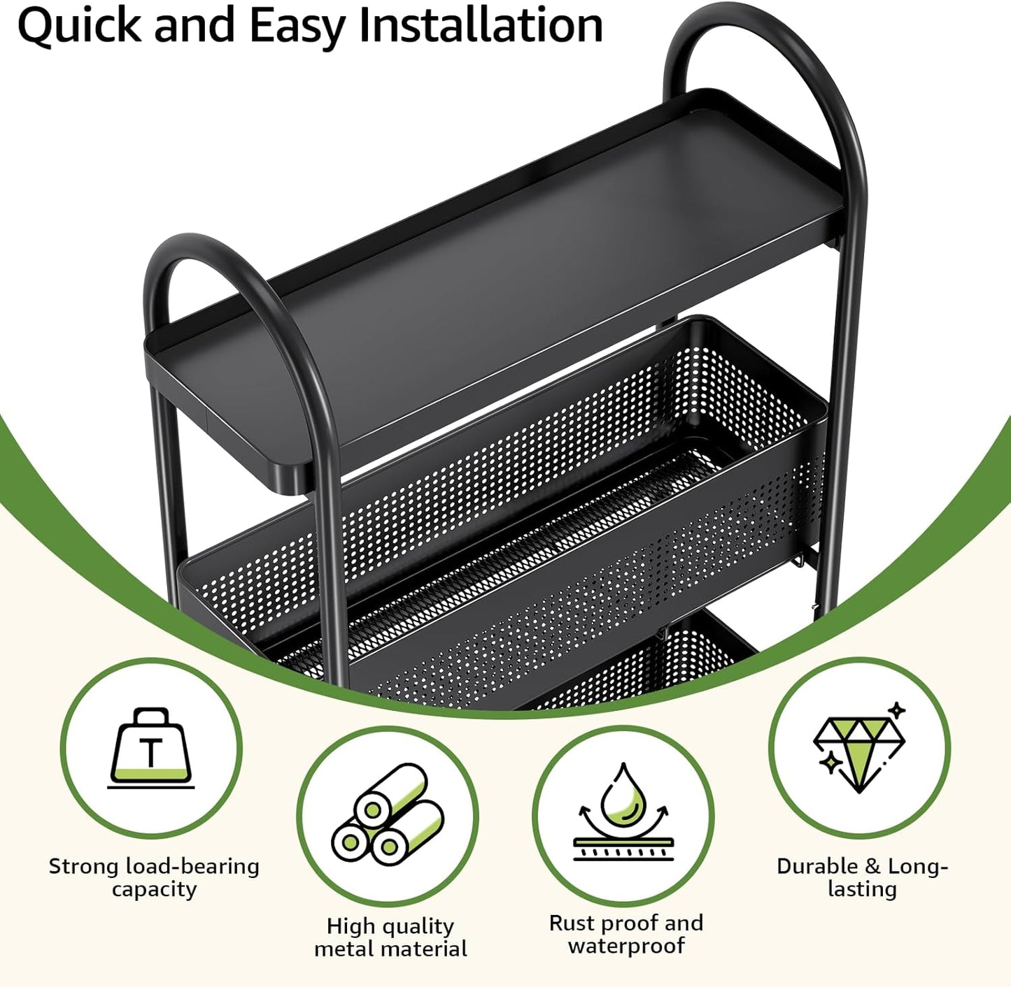 KINGRACK 4-Tier Slim Storage Cart with Pull Out Basket, Rolling Bathroom Organizer Utility, Metal Shelving Unit Slide Out, Lockable Wheels, Easy Assembly for Narrow Place, Kitchen, Laundry Room, Black