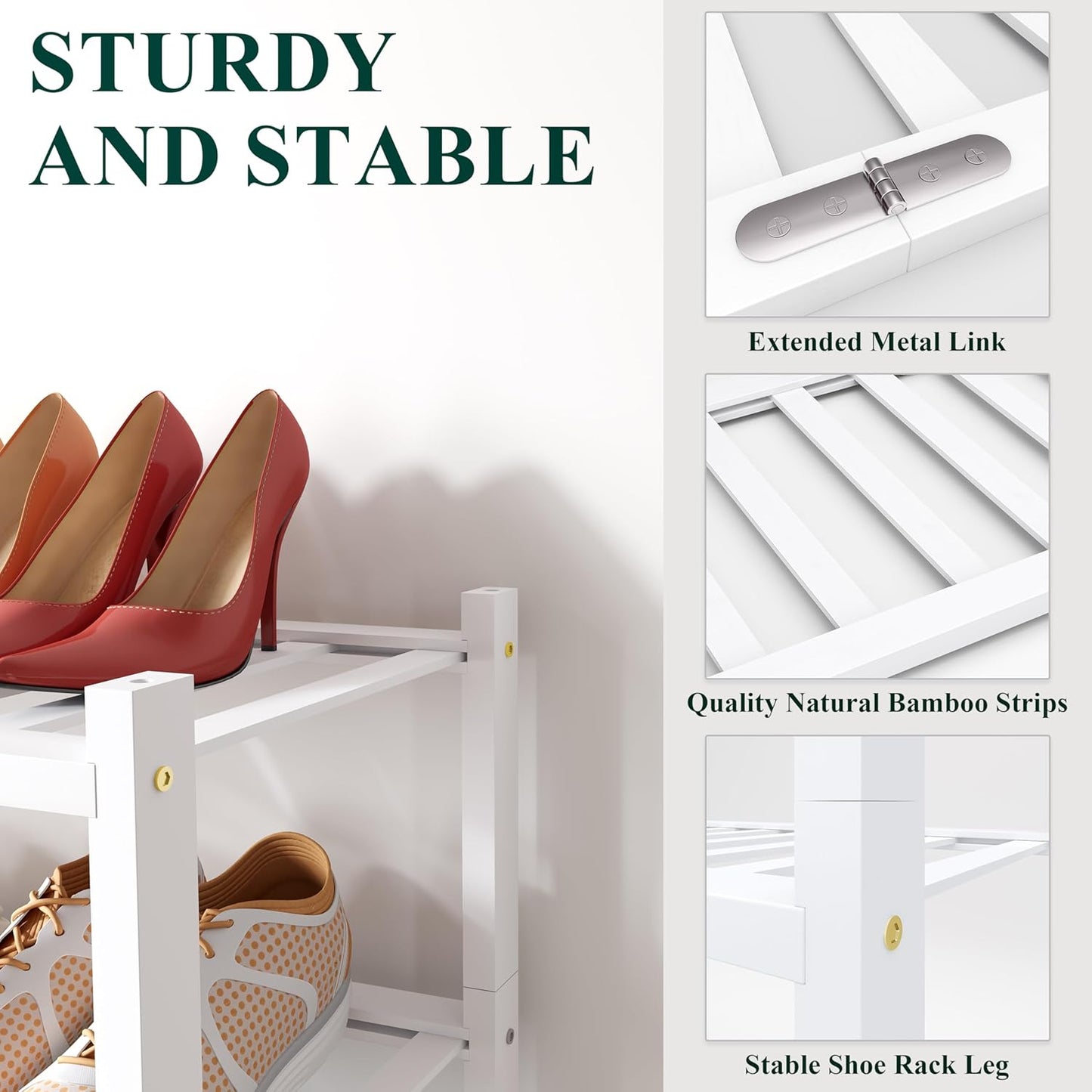 Smiry Shoe Rack, 3 Tier Long Bamboo Shoe Organizer, Stackable Free Standing Wooden Shoe Storage Shelf for Closet, Entryway, Front Door Entrance, White